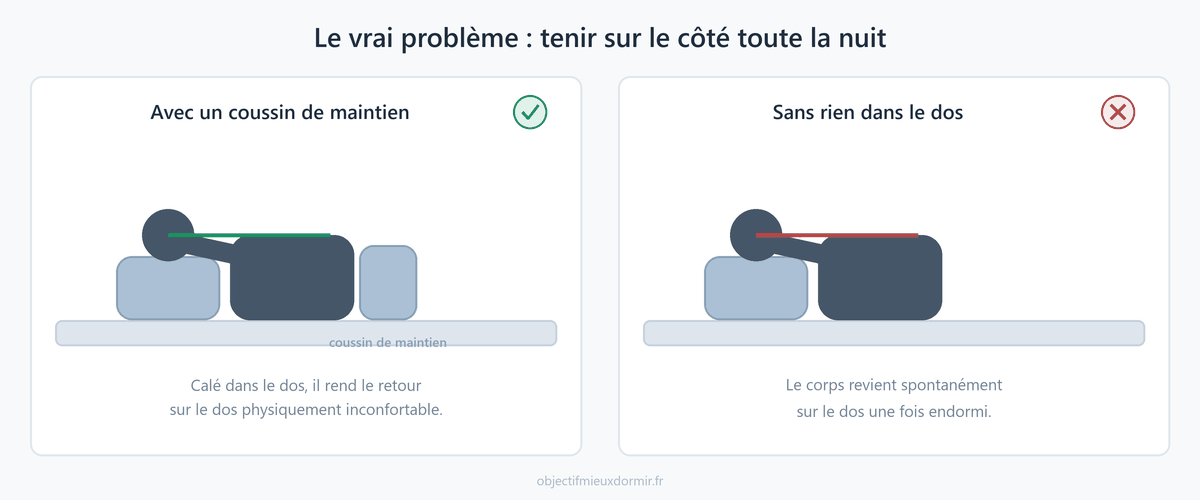 Un coussin de maintien calé dans le dos empêche de revenir sur le dos pendant la nuit