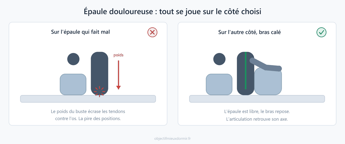 Dormir sur l'épaule douloureuse écrase les tendons contre l'os. Sur l'autre flanc, le bras posé devant sur un oreiller, l'articulation respire.