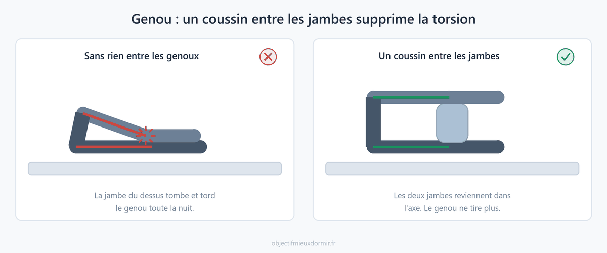 Sur le côté sans rien entre les genoux, la jambe du dessus tombe et tord le genou toute la nuit. Un coussin entre les jambes rend l'axe droit.