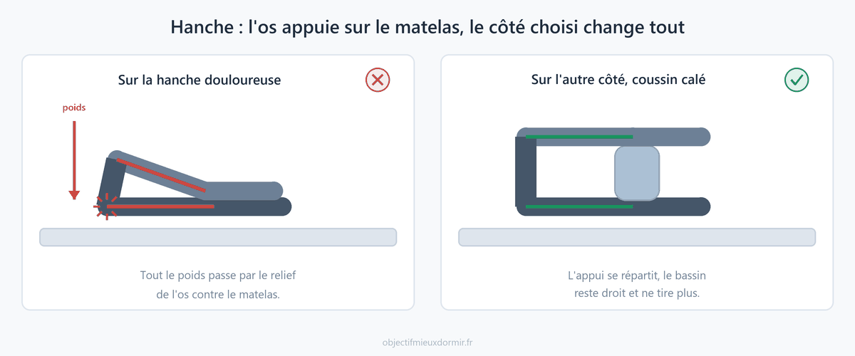 Couché sur la hanche qui fait mal, tout le poids passe par le relief de l'os contre le matelas. Sur l'autre côté, avec un coussin entre les genoux, l'appui se répartit.