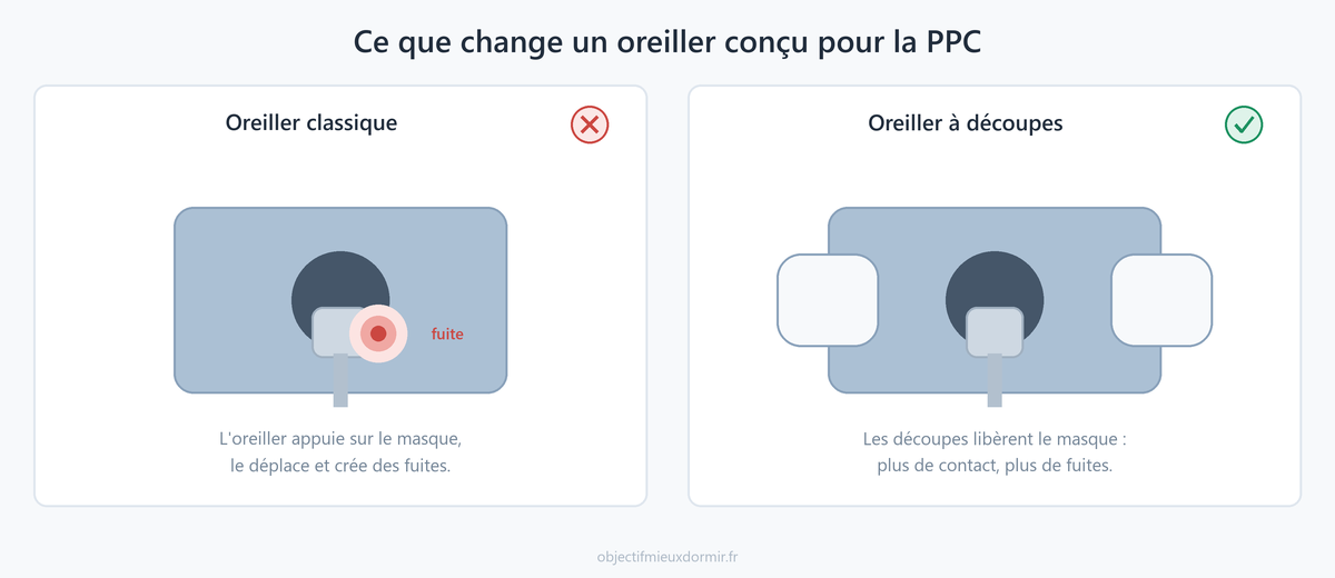 Oreiller à découpes pour masque CPAP : les encoches libèrent le masque et évitent les fuites