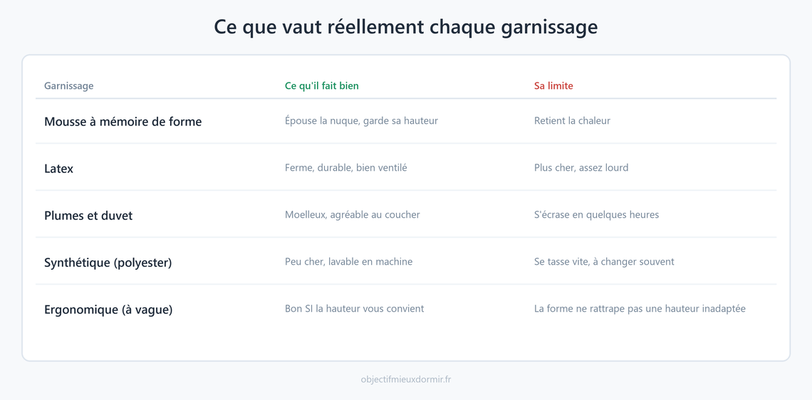 Comparatif des garnissages d'oreiller : mémoire de forme, latex, plumes, synthétique