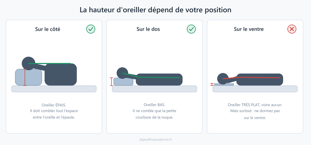 La hauteur d'oreiller à choisir selon que l'on dort sur le côté, sur le dos ou sur le ventre