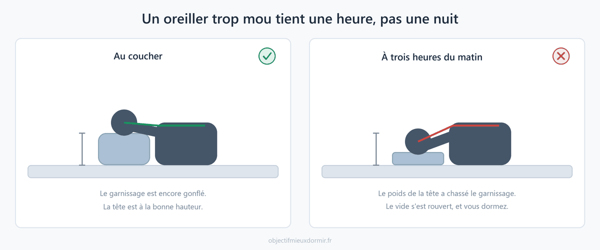 Un garnissage souple donne une bonne première impression, puis cède. Le vide se rouvre en pleine nuit, quand vous dormez.