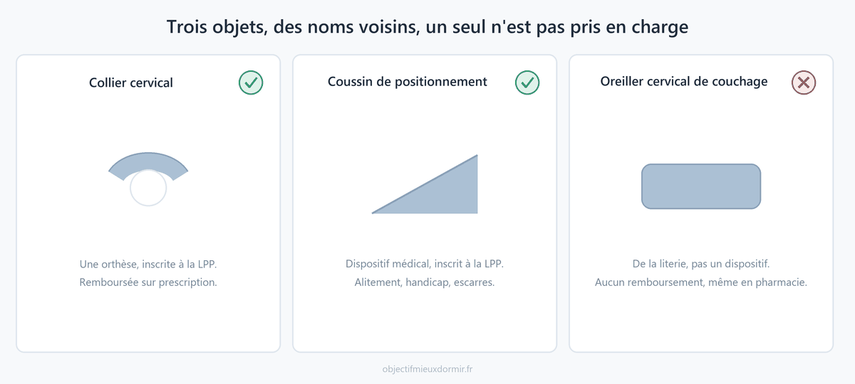 Le collier cervical et le coussin de positionnement sont inscrits à la LPP. L'oreiller de couchage, lui, n'y est pas, et ne l'a jamais été.